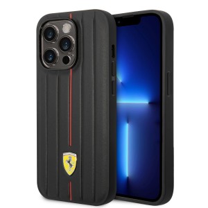 Ferrari iPhone 14 Pro Cover Case Embossed Stripes Genuine Leather Black