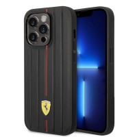 Ferrari iPhone 14 Pro Max Cover Case Embossed Stripes Genuine Leather Black