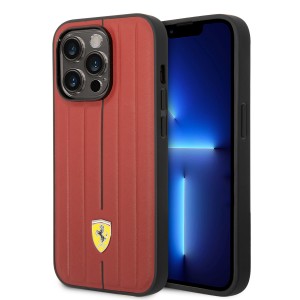 Ferrari iPhone 14 Case Cover Embossed Stripes Genuine Leather Red