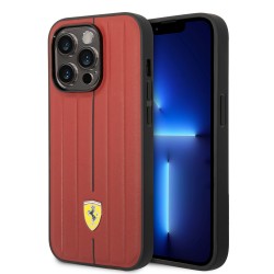 Ferrari iPhone 14 Plus Case Embossed Stripes Genuine Leather Red