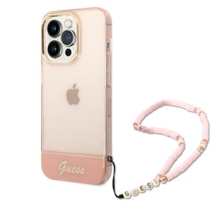 Guess iPhone 14 Pro Case Cover Translucent Pearl Stap Pink