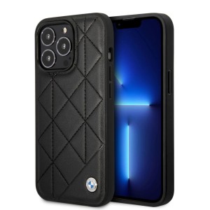 BMW iPhone 14 Cover Case Genuine Leather Quilted Pattern Black