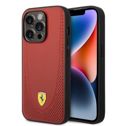 Ferrari iPhone 14 Pro Hülle Case Cover MagSafe Perforiert Echtleder Rot
