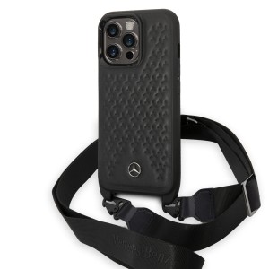 Mercedes iPhone 14 Pro Max Case Leather Stars Pattern Strap Black