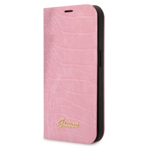 Guess iPhone 14 Tasche Book Case Cover Croco Vintage Logo Rosa Pink