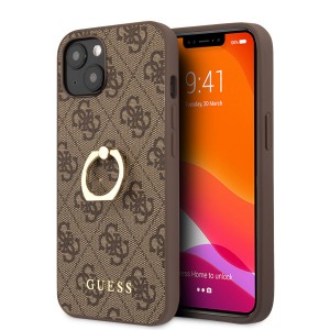 Guess iPhone 14 Case Cover 4G Ring Holder Brown