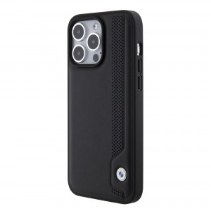 BMW iPhone 15 Pro Max Case Cover Genuine Leather Blue Dots Black