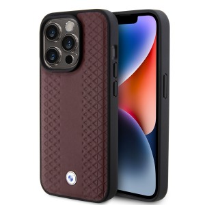 BMW iPhone 15 Pro Case Genuine Leather Cover Pattern Red Burgundy