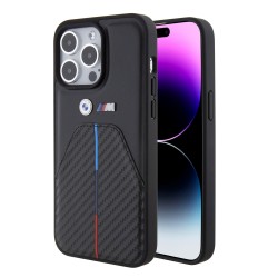 BMW iPhone 15 Pro Max Hülle Case Carbon Cover Tricolor Stripe Schwarz