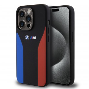 BMW iPhone 15 Pro Case Cover Silicone Blue Red Stripes M Black