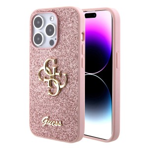Guess iPhone 15 Pro Case Cover Big Metal Logo 4G Glitter Pink