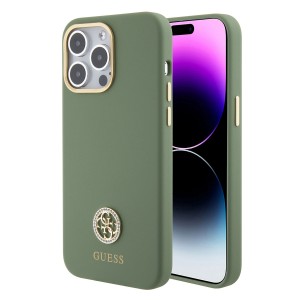 Guess iPhone 15 Pro Case Silicone Diamond Rhinestone Logo 4G Green