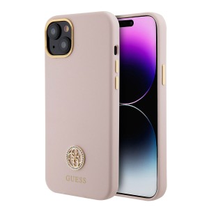 Guess iPhone 15 Plus, 14 Plus Case Silicone Diamond Rhinestone Logo 4G Pink