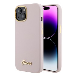 Guess iPhone 15 14 13 Case Metal Logo Frame Silicone Pink