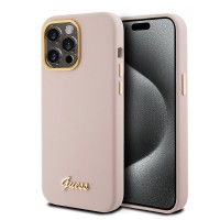 Guess iPhone 15 Pro Case Silicone Script Metal Logo Pink