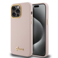 Guess iPhone 15 Pro Max Hülle Case Silikon Script Metall Logo Rosa