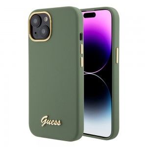 Guess iPhone 15 14 13 Case Metal Logo Frame Silicone Green