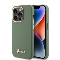 Guess iPhone 15 Pro Case Silicone Script Metal Logo Green