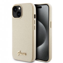 Guess iPhone 15 Hülle Case Cover Glossy Script Glitter Gold
