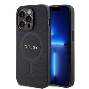 Guess iPhone 15 Pro Hülle MagSafe Case Cover Saffiano Schwarz