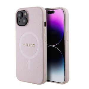 Guess iPhone 15 Hülle Case Cover Saffiano MagSafe Rosa Pink
