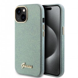 Guess iPhone 15 Hülle Case Cover Glitter Glossy Script Grün