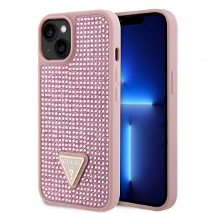 Guess iPhone 15 14 13 Case Cover Triangle Rhinestone Pink
