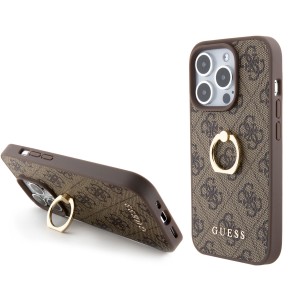 Guess iPhone 15 Pro Case Cover 4G Ring Stand Holder Brown