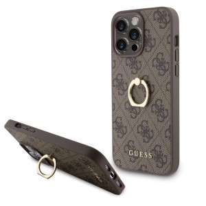 Guess iPhone 15 Pro Max Case Cover 4G Ring Stand Holder Brown