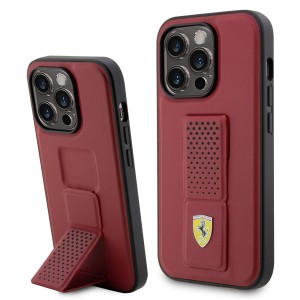 Ferrari iPhone 15 Pro Case Cover Grip Stand Metal Logo Red