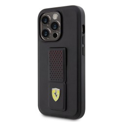 Ferrari iPhone 15 Pro Hülle Case Grip Stand Metal Logo Cover Schwarz