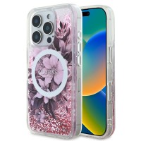 Guess iPhone 16 Pro Max Hülle Case MagSafe Liquid Glitter Flower Rosa