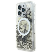 Guess iPhone 16 Pro Max Hülle Case MagSafe Liquid Glitter Flower Beige