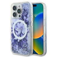 Guess iPhone 16 Pro Max Hülle Case MagSafe Liquid Glitter Flower Violett