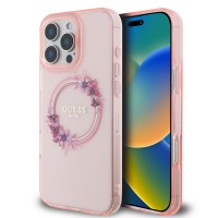 Guess iPhone 16 Pro Max Hülle Case Ring MagSafe Blumen Rosa Pink