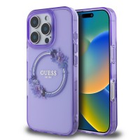 Guess iPhone 16 Pro Max Hülle Case Ring MagSafe Blumen Violett