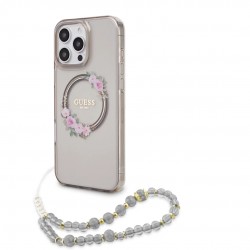 Guess iPhone 16 Pro Case MagSafe Flowers Pearl Strap Black