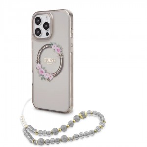 Guess iPhone 16 Pro Case MagSafe Flowers Pearl Strap Black
