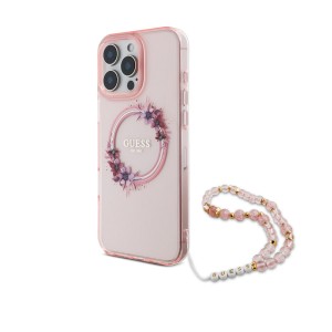 Guess iPhone 16 Pro Case MagSafe Flowers Pearl Strap Pink