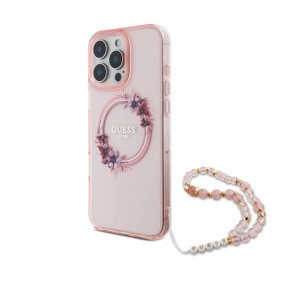 Guess iPhone 16 Pro Max Case MagSafe Flowers Pearl Strap Pink