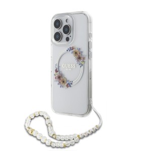 Guess iPhone 16 Pro Case MagSafe Flowers Pearl Strap