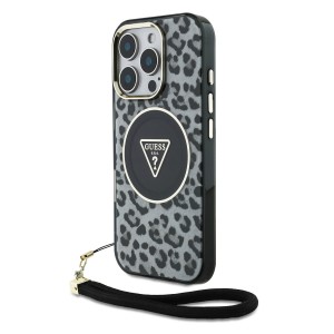 Guess iPhone 16 Pro Hülle Case Cover MagSafe Leopard Cord Schwarz