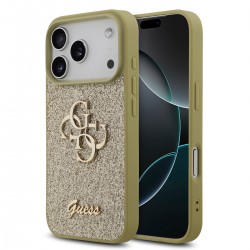 Guess iPhone 17 Pro Hülle Case Fixed Glitter Big 4G Logo Gold