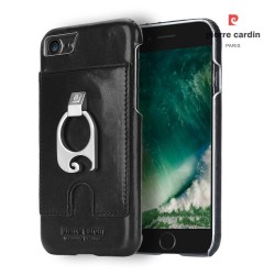 Pierre Cardin iPhone SE 2020 / 8 / 7 Case Genuine Leather Card Slot + Stand Ring Black