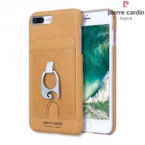 Pierre Cardin iPhone 8 Plus / 7 Plus Case Brown Genuine Leather Card Slot + Stand Ring