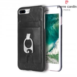 Pierre Cardin iPhone 8 Plus / 7 Plus Case Black Genuine Leather Card Slot + Stand Ring