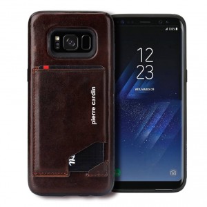 Pierre Cardin Samsung S8 Case Genuine Leather Stand Card Slot Dark Brown