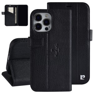 Pierre Cardin iPhone 13 Pro Max Book Case Genuine Leather Black